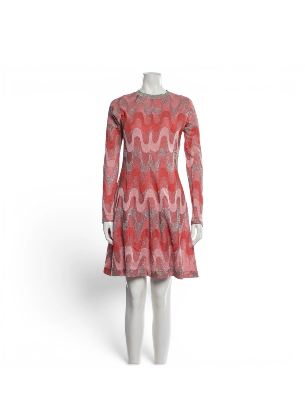M by Missoni Coral, Pink & Silver Wave Knit Long-Sleeve Dress